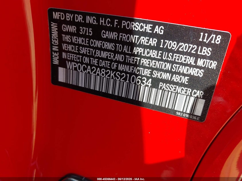 2019 Porsche 718 boxster VIN WP0CA2A82KS210634 IAAI salvage auction — REAR END, Salvage (North Carolina), sold $12,100 on 2026-07-30 (photo 9)