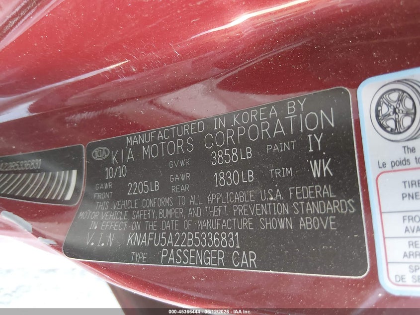 2011 Kia Forte VIN KNAFU5A22B5336831 IAAI salvage auction — SIDE, Salvage (North Carolina), sold $25 on 2026-07-29 (photo 9)