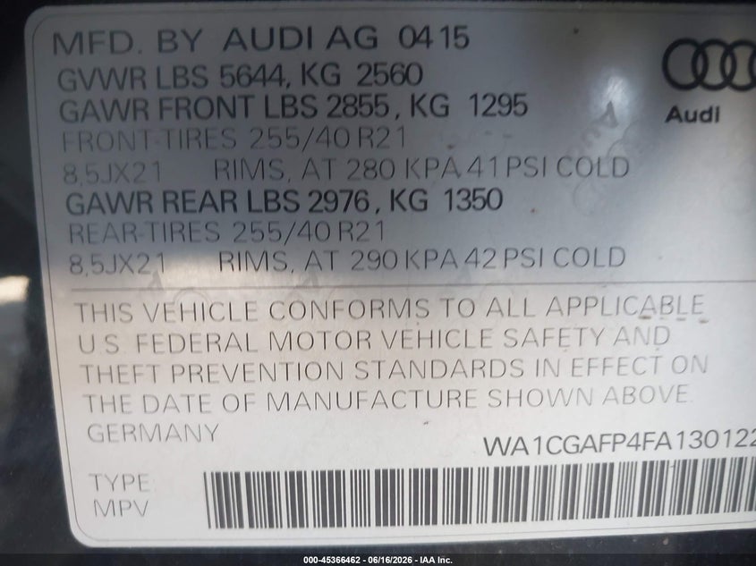 2015 Audi Sq5 VIN WA1CGAFP4FA130122 IAAI salvage auction — FRONT END, Salvage (Arizona), sold $4,350 on 2026-07-14 (photo 9)