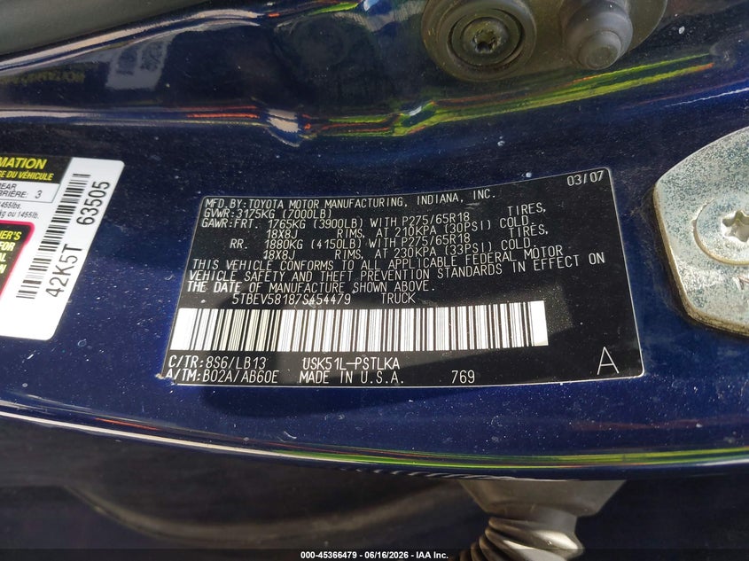 2007 Toyota Tundra VIN 5TBEV58187S454479 IAAI salvage auction — NORMAL WEAR, Clear (Texas), sold $3,150 on 2026-07-09 (photo 9)