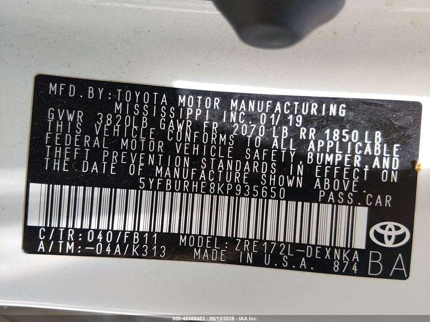 2019 Toyota Corolla VIN 5YFBURHE8KP935650 IAAI salvage auction — FRONT END, Salvage (Kansas), sold $3,700 on 2026-07-24 (photo 9)