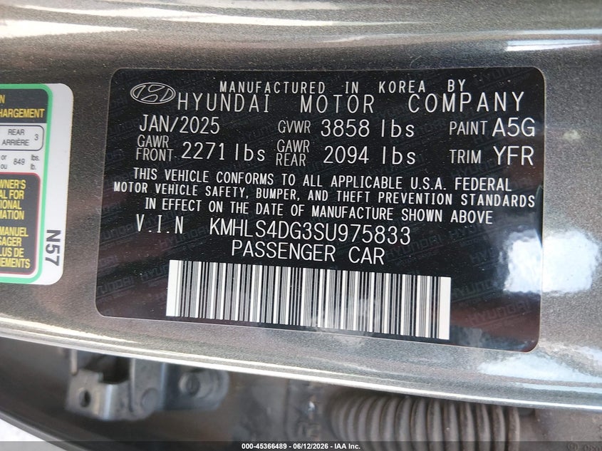 2025 Hyundai Elantra VIN KMHLS4DG3SU975833 IAAI salvage auction — HAIL, Enterprise Vehicles Clear Only (Texas), sold $3,400 on 2026-07-08 (photo 9)