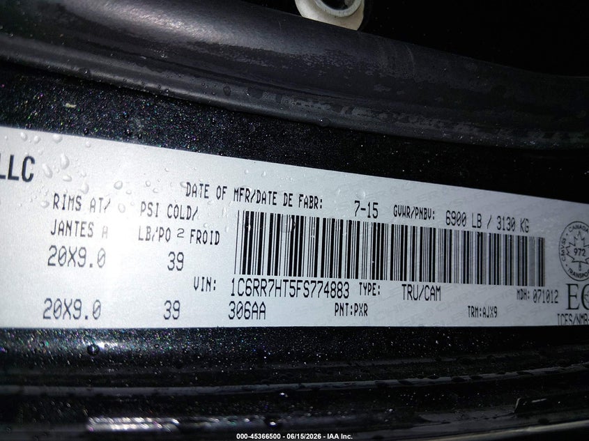 2015 Ram 1500 VIN 1C6RR7HT5FS774883 IAAI salvage auction — LEFT FRONT, Salvage Title, sold $2,050 on 2026-07-24 (photo 9)