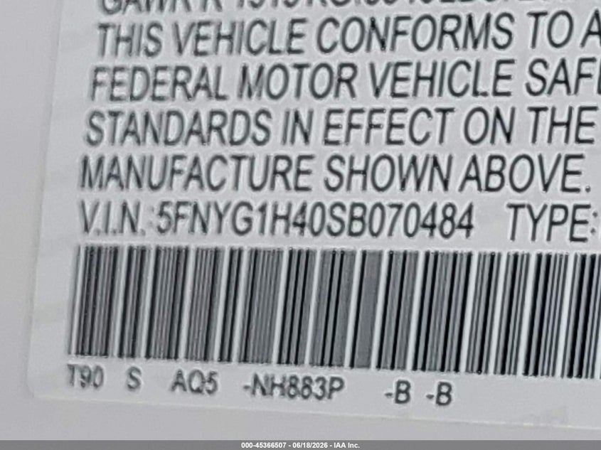 2025 Honda Pilot VIN 5FNYG1H40SB070484 IAAI salvage auction — FRONT END, Salvage Title, sold $14,800 on 2026-08-18 (photo 9)