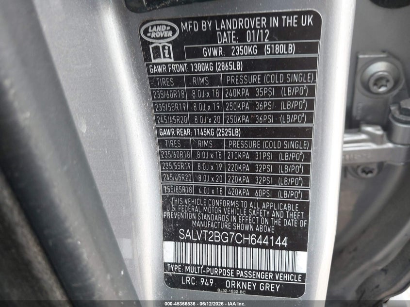 2012 Land rover Range rover evoque VIN SALVT2BG7CH644144 IAAI salvage auction — SIDE, Clear (Oklahoma), sold $1,950 on 2026-07-22 (photo 9)