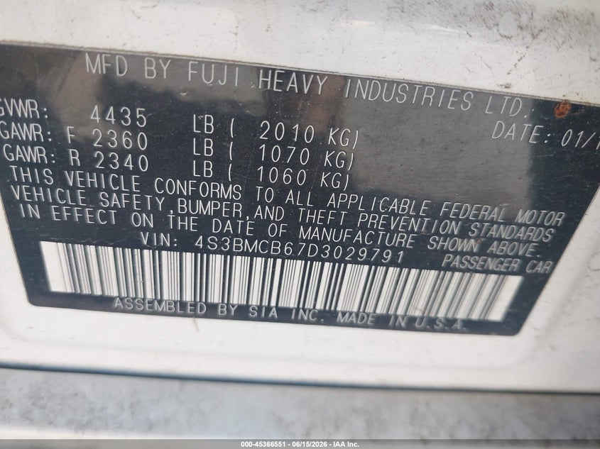 2013 Subaru LEGACY VIN 4S3BMCB67D3029791 IAAI salvage auction — FRONT & REAR, Clear (Utah), sold $275 on 2026-07-09 (photo 9)