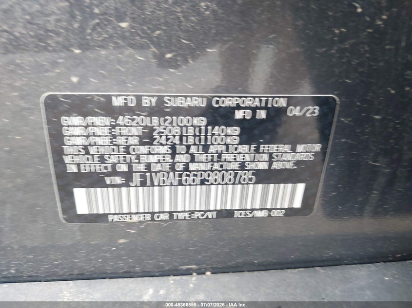 2023 Subaru Wrx VIN JF1VBAF66P9808785 IAAI salvage auction — REAR END, Clear (Illinois), sold $250 on 2026-07-21 (photo 9)