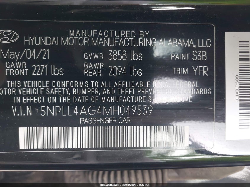 2021 Hyundai Elantra VIN 5NPLL4AG4MH049539 IAAI salvage auction — NORMAL WEAR, Sf97 (Minnesota), sold $7,550 on 2026-07-14 (photo 9)