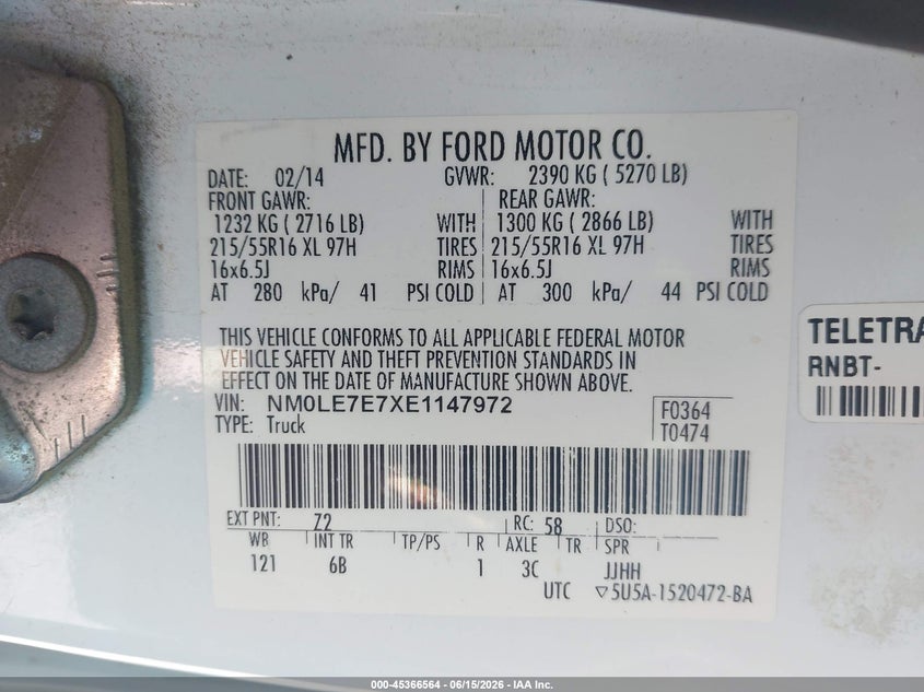 2014 Ford Transit VIN NM0LE7E7XE1147972 IAAI salvage auction — FRONT END, Salvage (Minnesota), sold $275 on 2026-07-28 (photo 9)