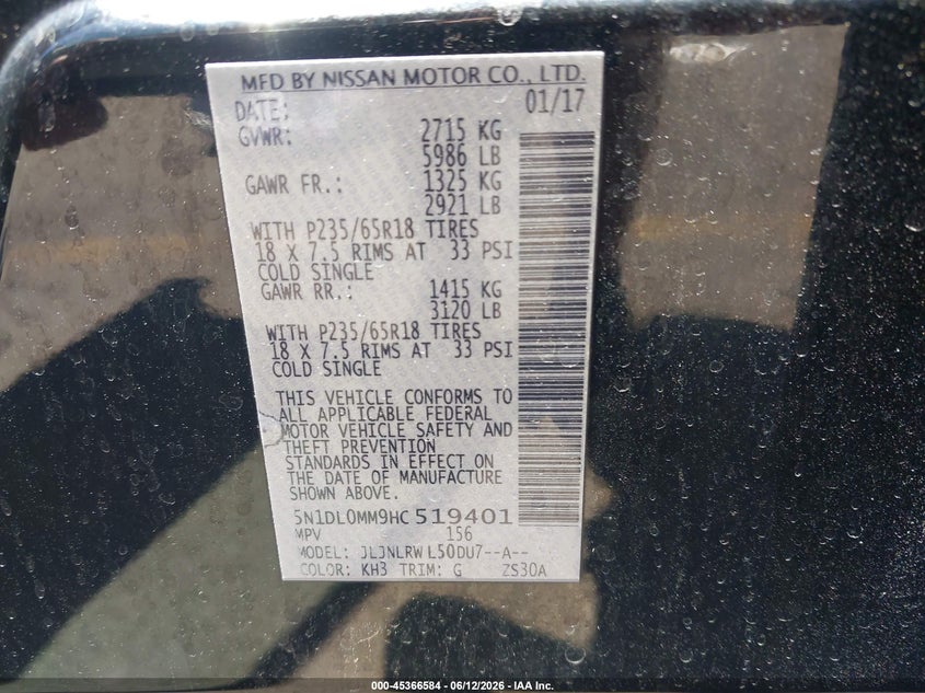 2017 Infiniti Qx60 VIN 5N1DL0MM9HC519401 IAAI salvage auction — FRONT END, Salvage (Utah), sold $1,250 on 2026-07-09 (photo 9)