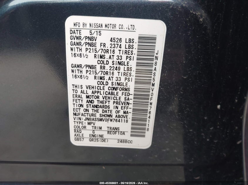 2015 Nissan Rogue VIN JN8AS5MV0FW764118 IAAI salvage auction — FRONT END, Salvage (Missouri), sold $275 on 2026-07-28 (photo 9)