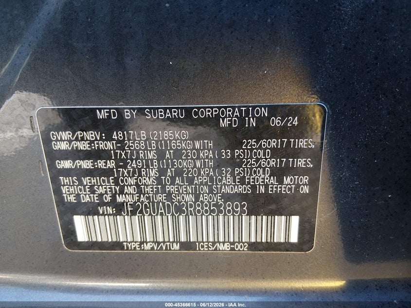 2024 Subaru Xv VIN JF2GUADC3R8853893 IAAI salvage auction — FRONT END, Salvage (Missouri), sold $7,800 on 2026-08-01 (photo 9)