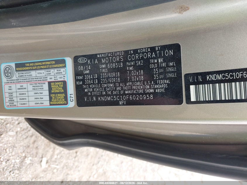 2015 Kia SEDONA VIN KNDMC5C10F6020958 IAAI salvage auction — ENGINE BURN, Salvage (Texas), sold $575 on 2026-07-06 (photo 9)