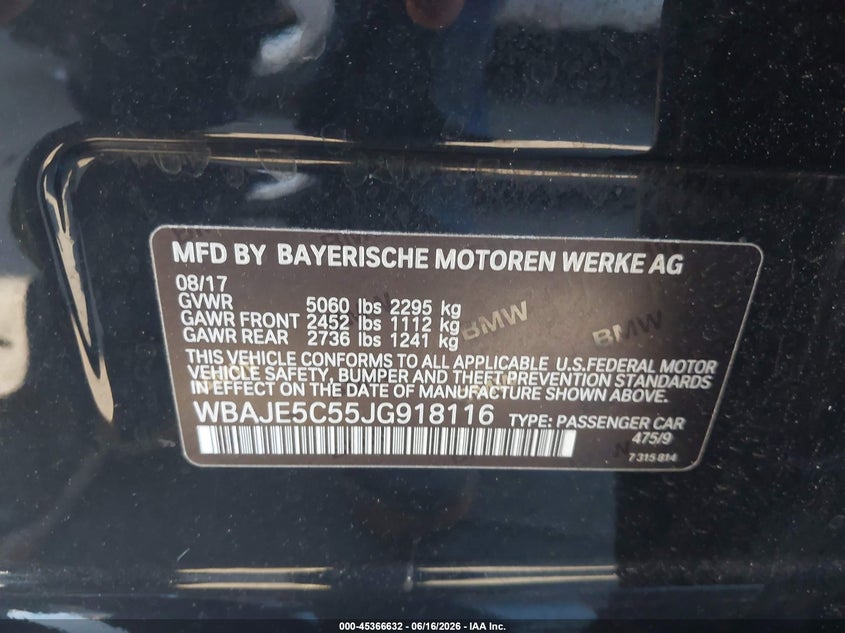 2018 BMW 5er VIN WBAJE5C55JG918116 IAAI salvage auction — FRONT END, Salvage Title, sold $3,400 on 2026-07-24 (photo 9)