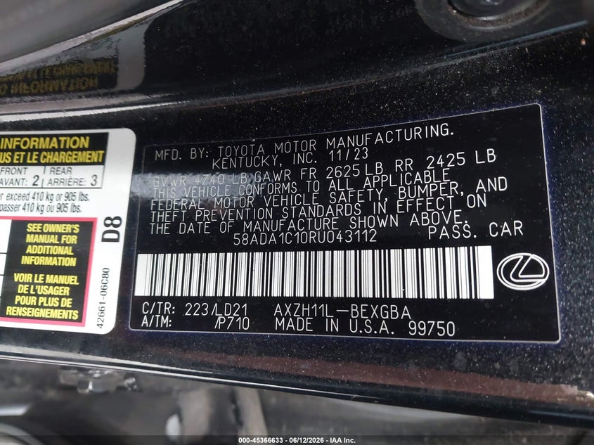 2024 Lexus ES VIN 58ADA1C10RU043112 IAAI salvage auction — FRONT END, Salvage Title, sold $7,500 on 2026-07-30 (photo 9)