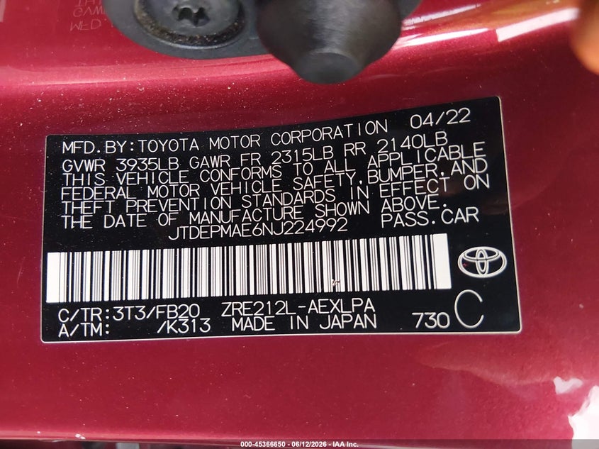 2022 Toyota Corolla VIN JTDEPMAE6NJ224992 IAAI salvage auction — FRONT END, Salvage (Arizona), sold $2,350 on 2026-07-14 (photo 9)