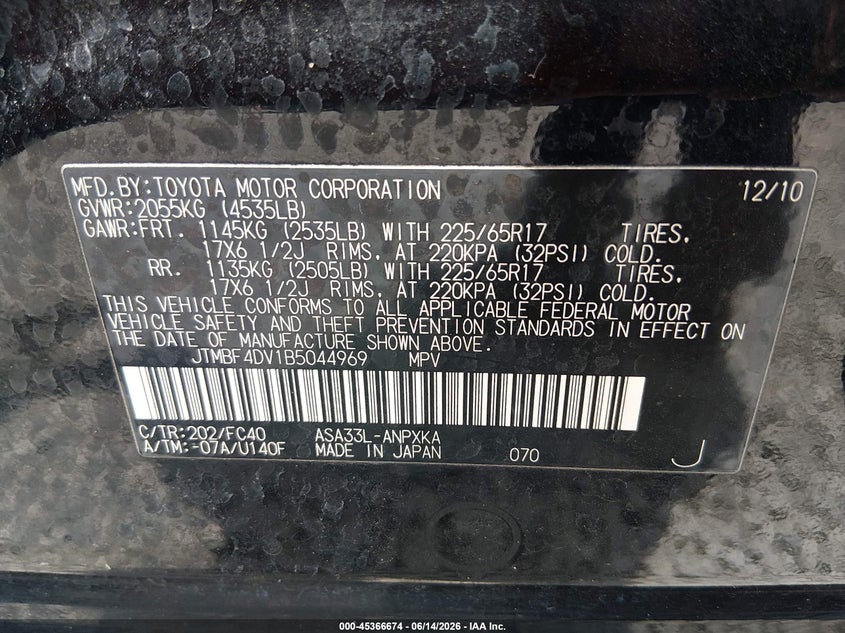 2011 Toyota Rav 4 VIN JTMBF4DV1B5044969 IAAI salvage auction — REAR END, Salvage (Alabama), sold $1,650 on 2026-07-09 (photo 9)