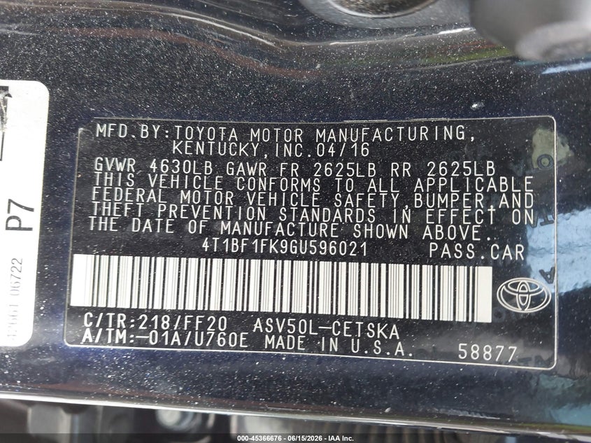 2016 Toyota Camry VIN 4T1BF1FK9GU596021 IAAI salvage auction — FRONT END, Salvage (Georgia), sold $1,150 on 2026-07-18 (photo 9)