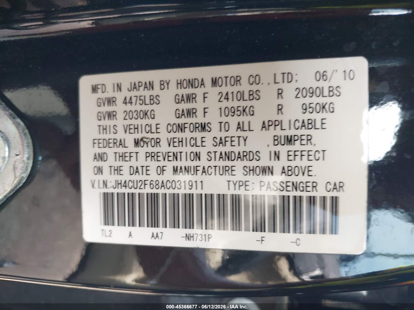 2010 Acura Tsx VIN JH4CU2F68AC031911 IAAI salvage auction — FRONT END, Salvage (Alabama), sold $250 on 2026-07-15 (photo 9)
