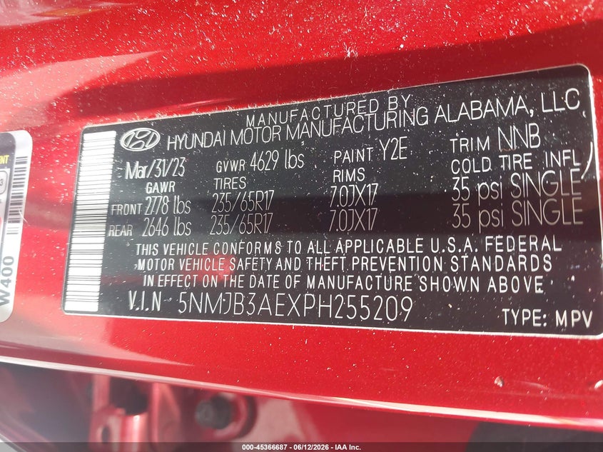2023 Hyundai Tucson VIN 5NMJB3AEXPH255209 IAAI salvage auction — RIGHT SIDE, Salvage Title, sold $6,900 on 2026-09-11 (photo 9)