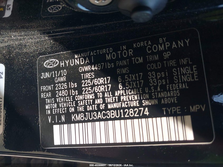 2011 Hyundai Tucson VIN KM8JU3AC3BU128274 IAAI salvage auction — NORMAL WEAR, Clear (Delaware), sold $1,400 on 2026-07-13 (photo 9)