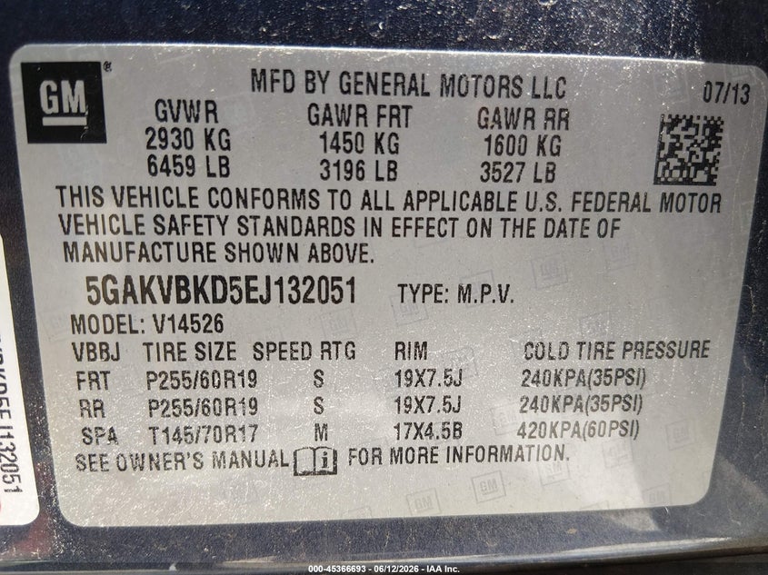 2014 Buick Enclave VIN 5GAKVBKD5EJ132051 IAAI salvage auction — STORM DAMAGE, Salvage (Kansas), sold $325 on 2026-07-24 (photo 9)