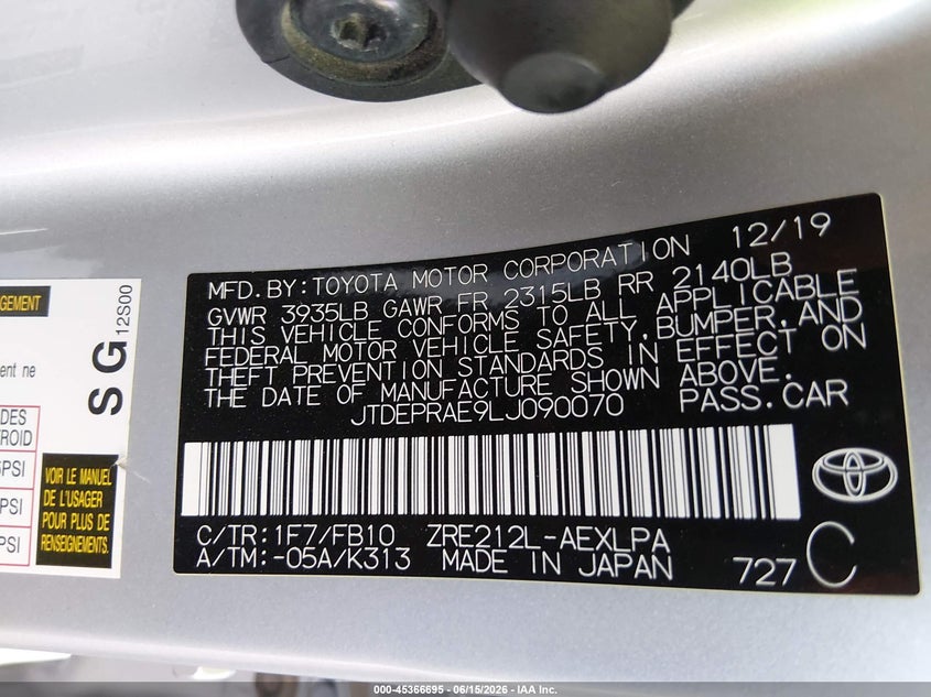 2020 Toyota Corolla VIN JTDEPRAE9LJ090070 IAAI salvage auction — FRONT END, Salvage (Arizona), sold $2,725 on 2026-07-21 (photo 9)