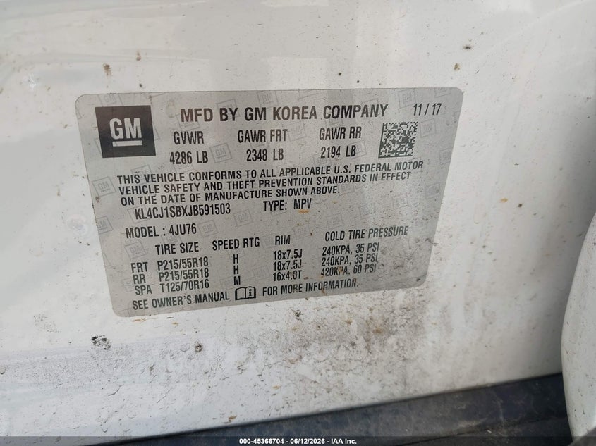 2018 Buick Encore VIN KL4CJ1SBXJB591503 IAAI salvage auction — FRONT END, Salvage (North Carolina), sold $1,150 on 2026-07-31 (photo 9)