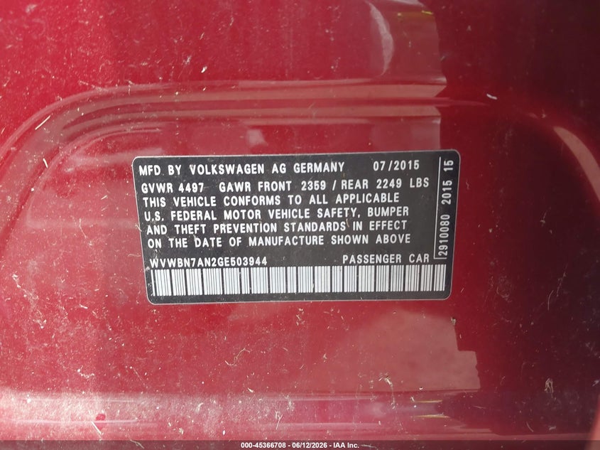 2016 Volkswagen Passat cc VIN WVWBN7AN2GE503944 IAAI salvage auction — NORMAL WEAR, Clear (Tennessee), sold $750 on 2026-07-07 (photo 9)