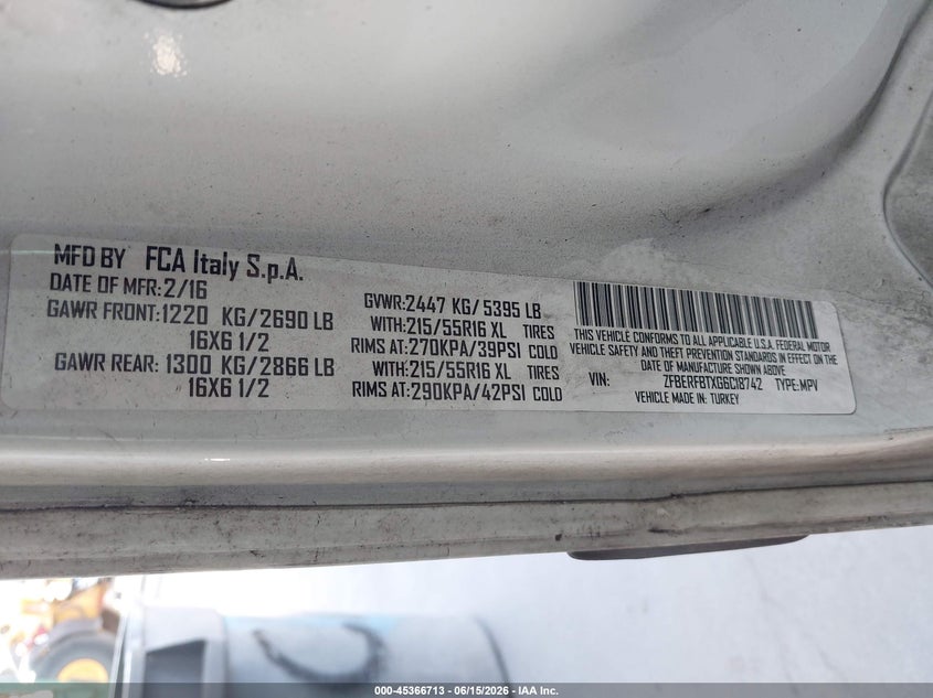 2016 Ram Promaster city VIN ZFBERFBTXG6C18742 IAAI salvage auction — FRONT END, Rebuildable (Florida), sold $650 on 2026-08-05 (photo 9)