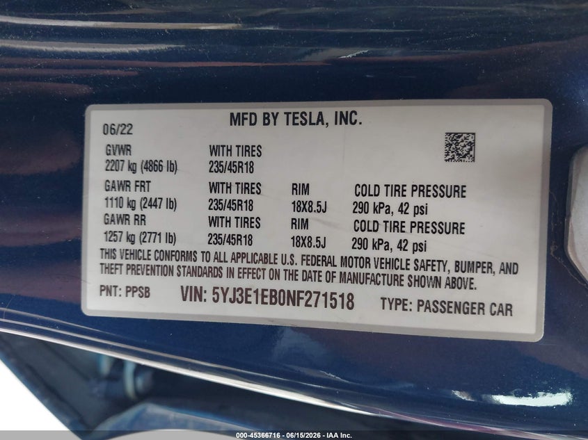 2022 Tesla Model 3 VIN 5YJ3E1EB0NF271518 IAAI salvage auction — FRONT END, Salvage (Texas), sold $5,700 on 2026-07-09 (photo 9)