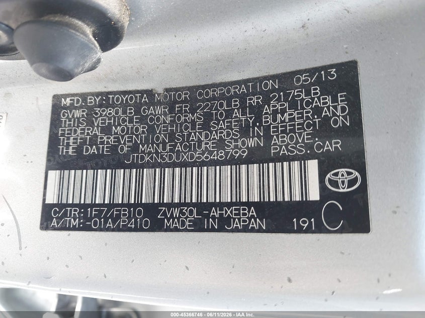 2013 Toyota Prius VIN JTDKN3DUXD5648799 IAAI salvage auction — NORMAL WEAR, Clear - Dealer Only (California), sold $1,525 on 2026-07-09 (photo 9)