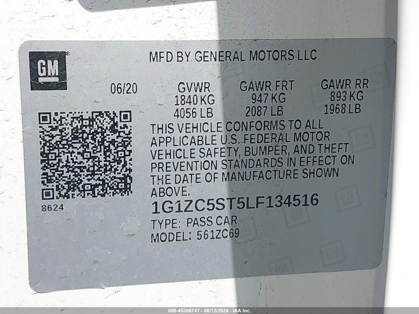 2020 Chevrolet Malibu VIN 1G1ZC5ST5LF134516 IAAI salvage auction — NORMAL WEAR, Sf97 (California), sold $10,100 on 2026-07-28 (photo 9)
