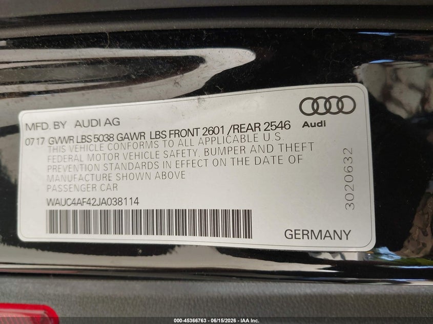 2018 Audi S4 VIN WAUC4AF42JA038114 IAAI salvage auction — SUSPENSION, Bill Of Sale (Washington), sold $7,125 on 2026-07-15 (photo 9)