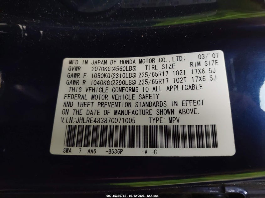 2007 Honda Cr-v VIN JHLRE48387C071005 IAAI salvage auction — NORMAL WEAR, Clear (Montana), sold $1,400 on 2026-07-08 (photo 9)