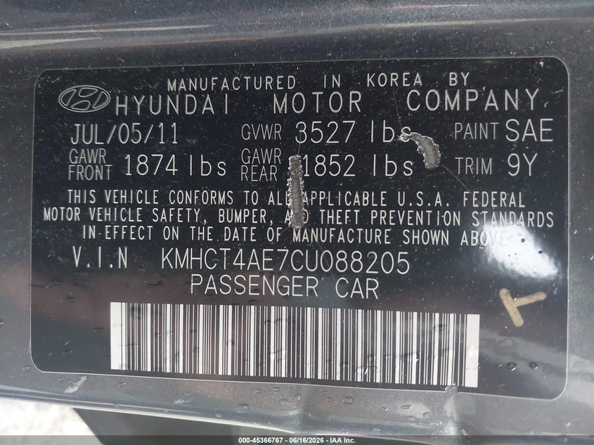 2012 Hyundai Accent VIN KMHCT4AE7CU088205 IAAI salvage auction — RIGHT FRONT, Salvage (South Carolina), sold $350 on 2026-07-21 (photo 9)