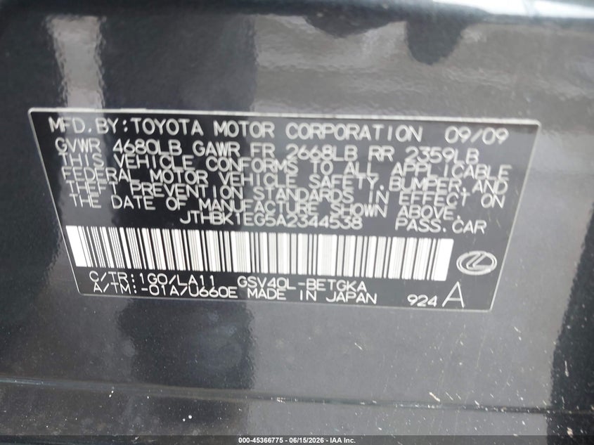 2010 Lexus Es 350 VIN JTHBK1EG5A2344538 IAAI salvage auction — REAR END, Salvage (Texas), sold $1,100 on 2026-07-21 (photo 9)