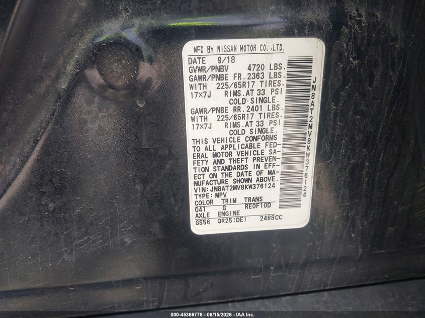 2019 Nissan Rogue VIN JN8AT2MV8KW376124 IAAI salvage auction — FRONT END, Clear (Wisconsin), sold $2,050 on 2026-07-14 (photo 9)