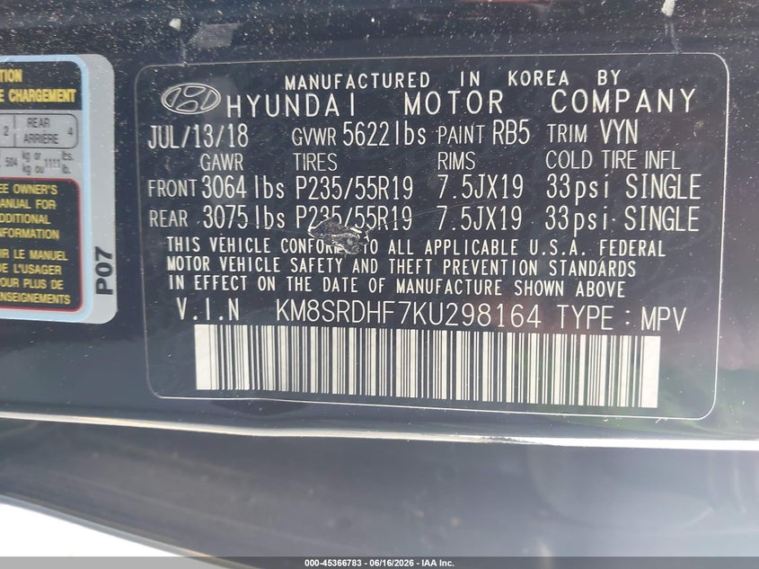 2019 Hyundai Santa fe VIN KM8SRDHF7KU298164 IAAI salvage auction — FRONT END, Salvage (South Carolina), sold $25 on 2026-07-29 (photo 9)
