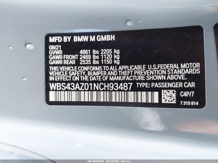 2022 BMW M4 VIN WBS43AZ01NCH93487 IAAI salvage auction — FRONT END, Salvage (Idaho), sold $25,250 on 2026-07-30 (photo 9)