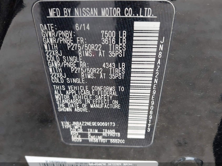 2014 Infiniti Qx80 VIN JN8AZ2NE9E9069173 IAAI salvage auction — NORMAL WEAR, Salvage Title, sold $1,950 on 2026-07-29 (photo 9)
