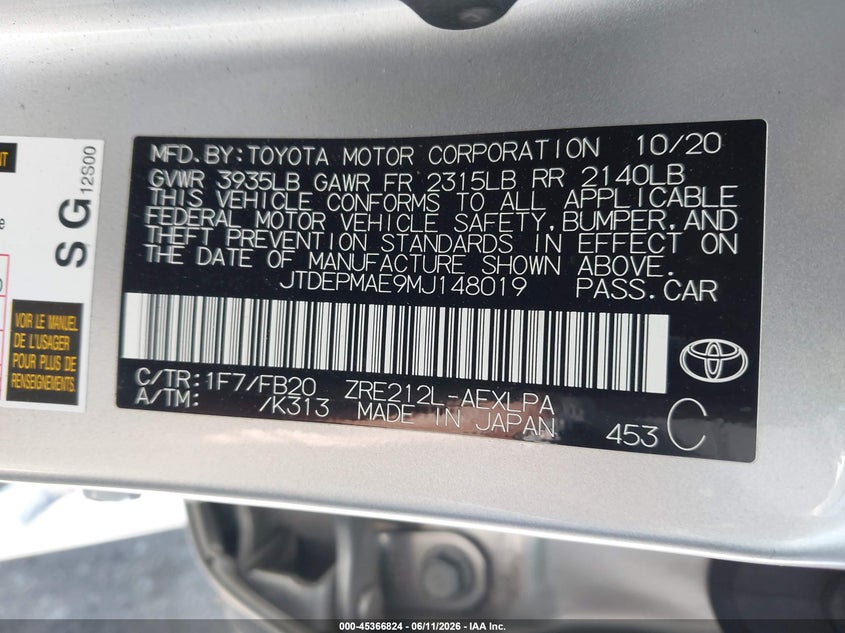 2021 Toyota Corolla VIN JTDEPMAE9MJ148019 IAAI salvage auction — LEFT SIDE, Salvage (California), sold $4,350 on 2026-07-08 (photo 9)