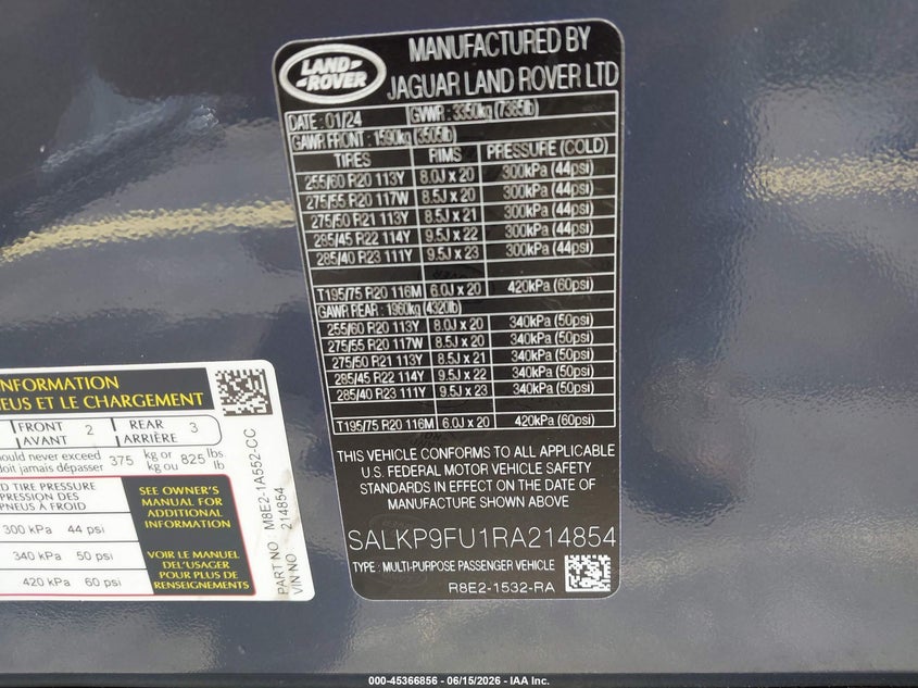 2024 Land rover RANGE ROVER VIN SALKP9FU1RA214854 IAAI salvage auction — FRONT END, Rebuildable (Florida), sold $42,000 on 2026-07-24 (photo 9)