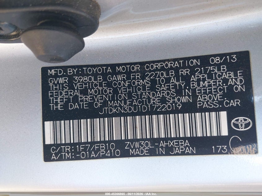 2013 Toyota Prius VIN JTDKN3DU1D1722019 IAAI salvage auction — NORMAL WEAR, Salvage Title, sold $925 on 2026-07-29 (photo 9)