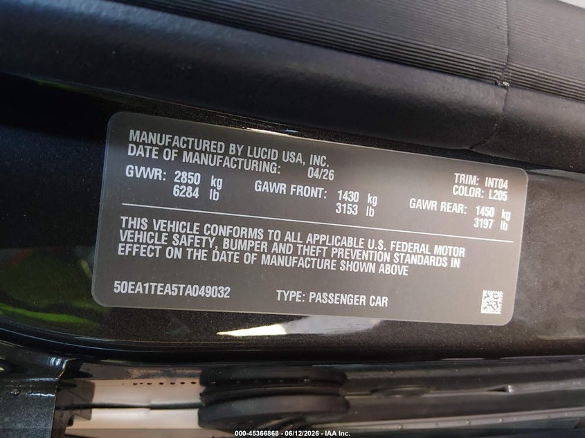2026 Lucid Air VIN 50EA1TEA5TA049032 IAAI salvage auction — FRONT END, Salvage Title, sold $15,650 on 2026-08-03 (photo 9)