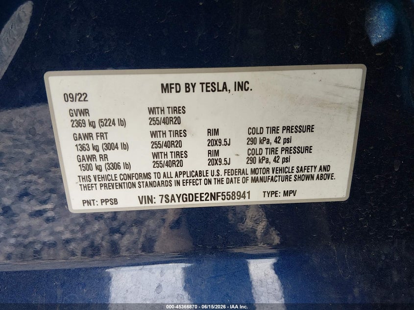 2022 Tesla Model y VIN 7SAYGDEE2NF558941 IAAI salvage auction — FRONT & REAR, Bill Of Sale (Washington), sold $11,950 on 2026-07-08 (photo 9)