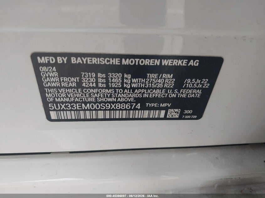 2025 BMW X7 VIN 5UX33EM00S9X88674 IAAI salvage auction — LEFT FRONT, Salvage (Arizona), sold $30,250 on 2026-07-21 (photo 9)