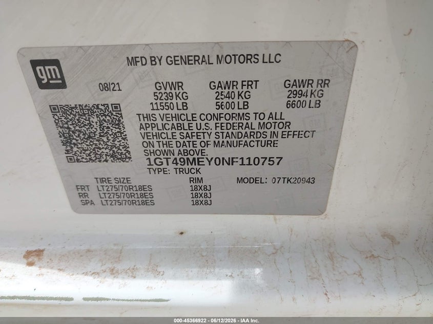 2022 Gmc SIERRA VIN 1GT49MEY0NF110757 IAAI salvage auction — REPOSSESSION, Salvage Title, sold $19,850 on 2026-07-30 (photo 8)