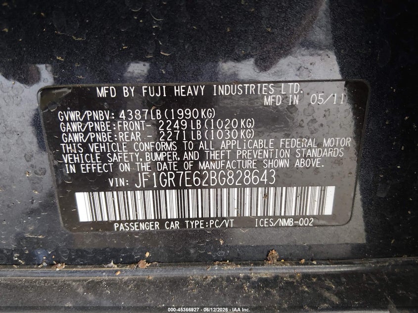 2011 Subaru Impreza VIN JF1GR7E62BG828643 IAAI salvage auction — FRONT END, Bill Of Sale (Washington), sold $3,550 on 2026-07-13 (photo 9)
