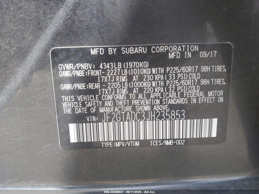 2018 Subaru VIN JF2GTADC3JH235853 IAAI salvage auction — FRONT & REAR, Salvage (Ohio), sold $1,150 on 2026-07-16 (photo 9)